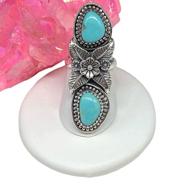 Campitos Turquoise Ring Size 6.5 Solid Sterling Silver 925 Natural Stone Flower - Picture 2 of 10